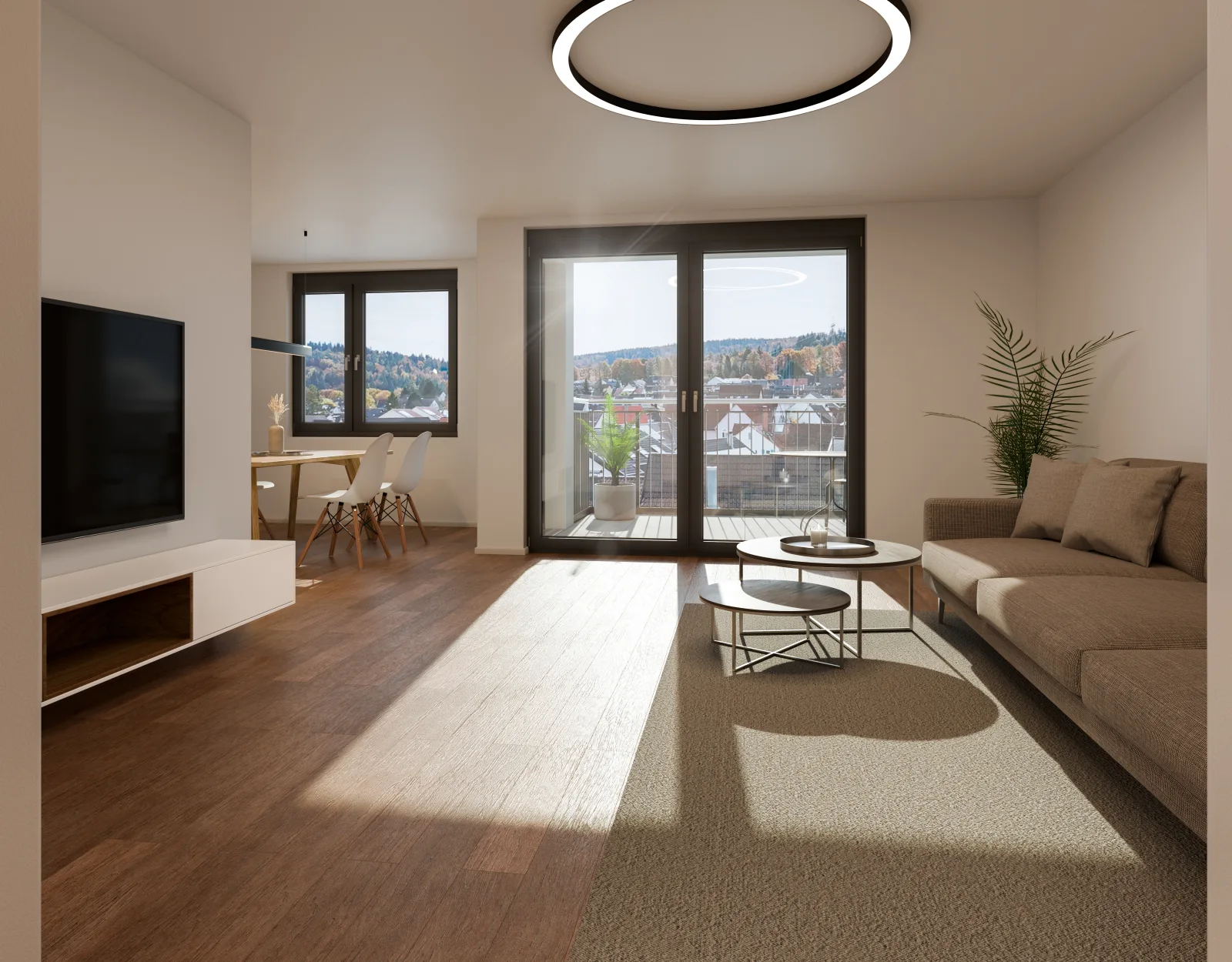 Innenraumvisualisierung eines Wohn- und Essbereichs für das Quartier Heubuckelweg