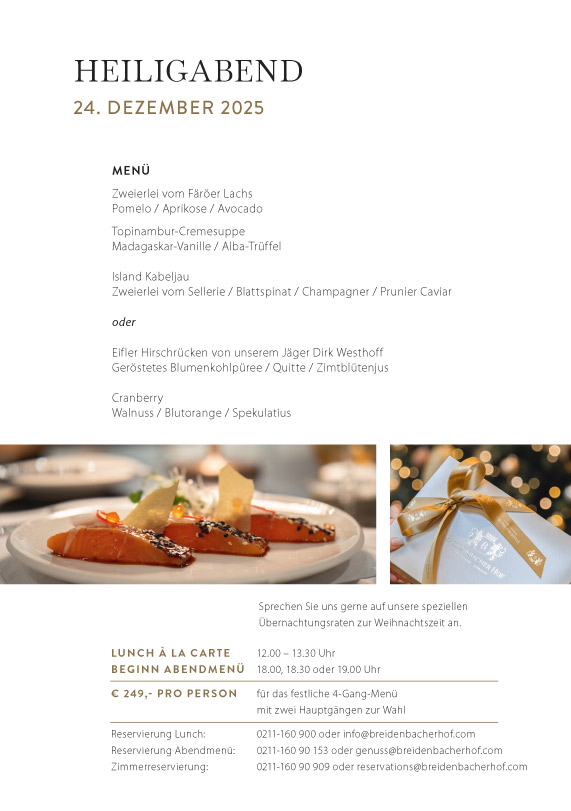 Christmas Eve 2025 menu for the Breidenbacher Hof with dishes, prices and reservation information