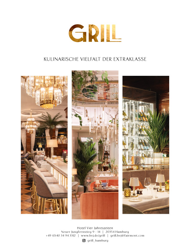 Print design for GRILL Hamburg at Hotel Vier Jahreszeiten with restaurant interior, logo and culinary brand communication.
