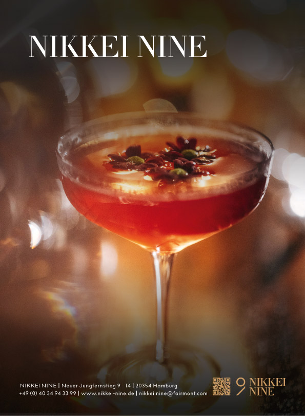 Ad for NIKKEI NINE Hamburg with signature drink, logo and QR code as print design for restaurant branding.