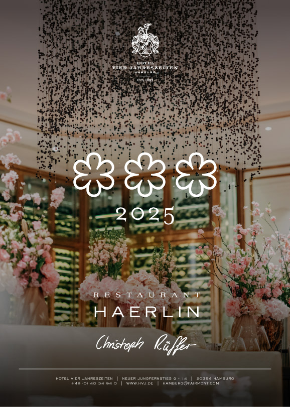 Ad for Restaurant Haerlin at Hotel Vier Jahreszeiten Hamburg celebrating the three Michelin star award 2025.