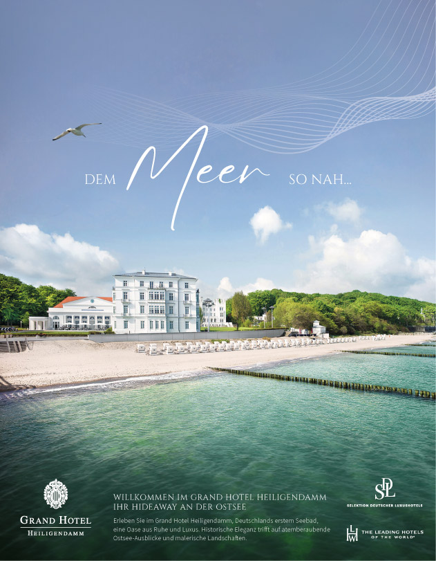 Print advertisement for Grand Hotel Heiligendamm showing the seaside hotel with the slogan “So close to the sea”